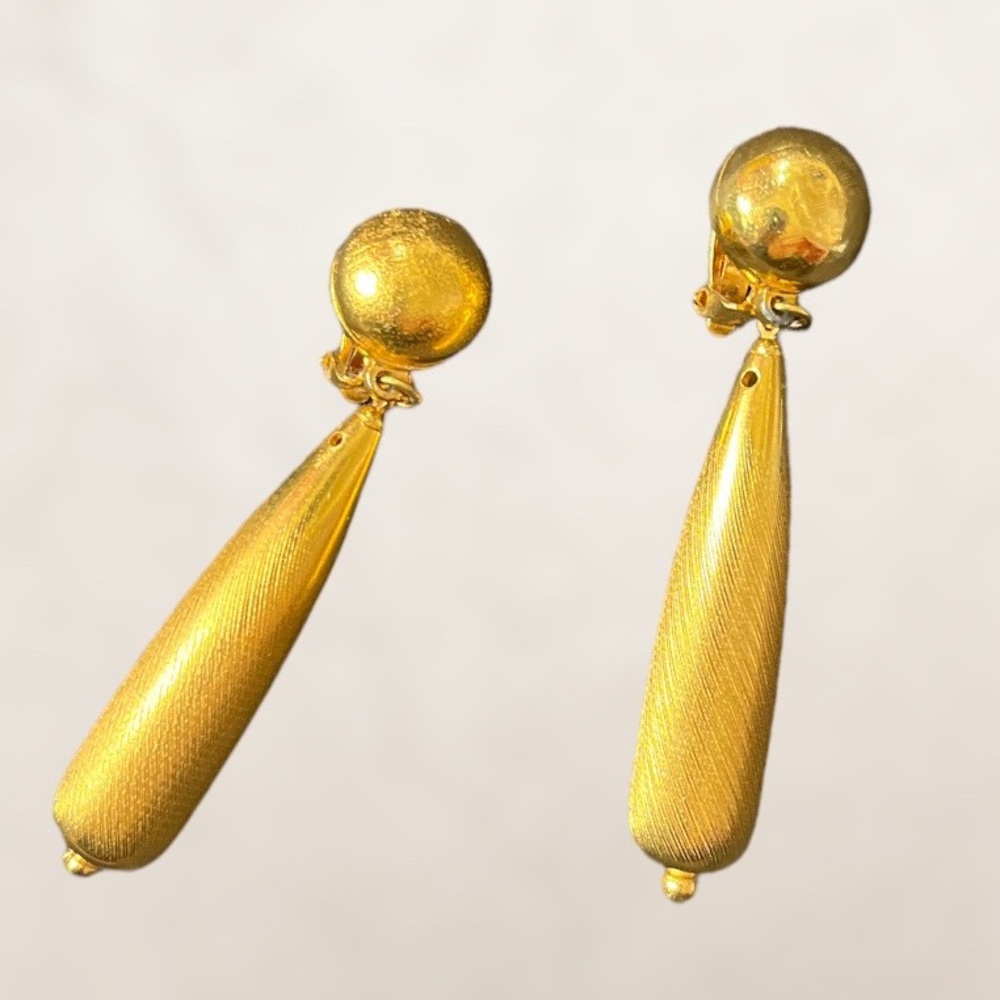 Vintage Jose and Maria Barrera Gold Plated Hammered Drop Clip On Earrings